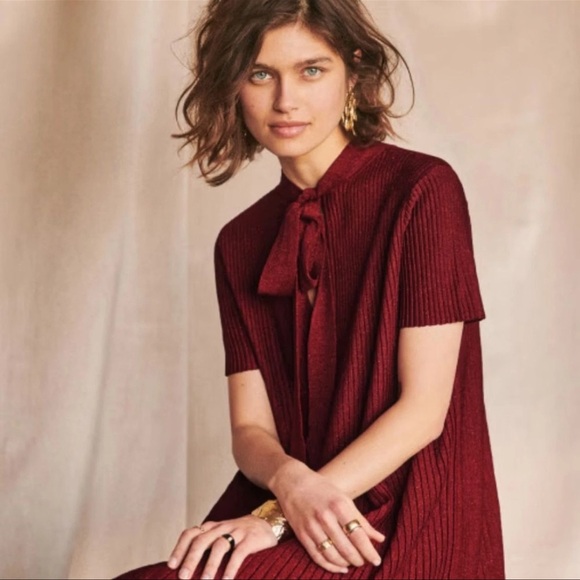 Sezane Eleanor RARE Blue Lurex Knit Bow Tie A-Line Dress Sz M - Picture 14 of 14